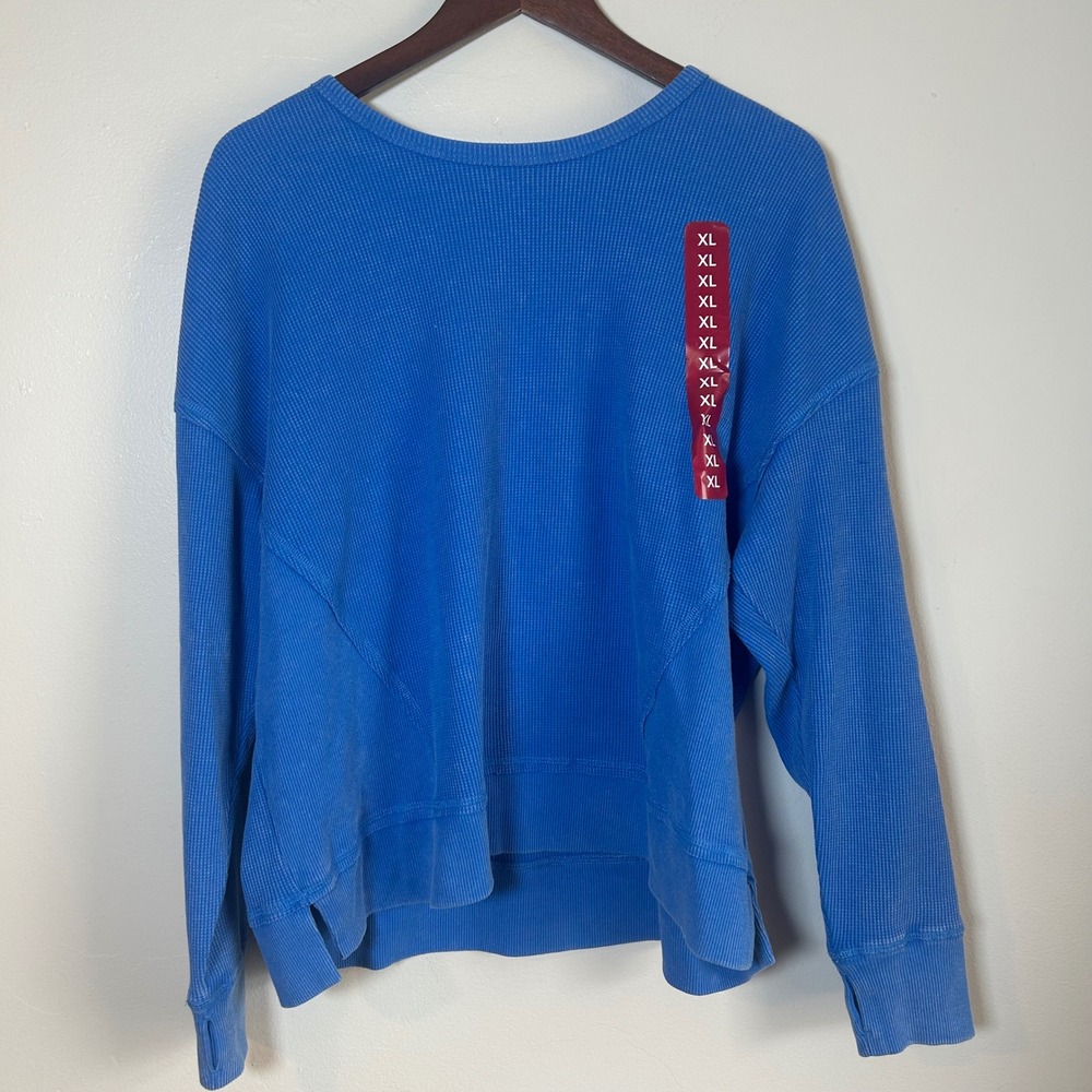 Seven7 Waffle Knit Thermal Top Womens XL‎ Blue Long Sleeve Thumbhole Oversized